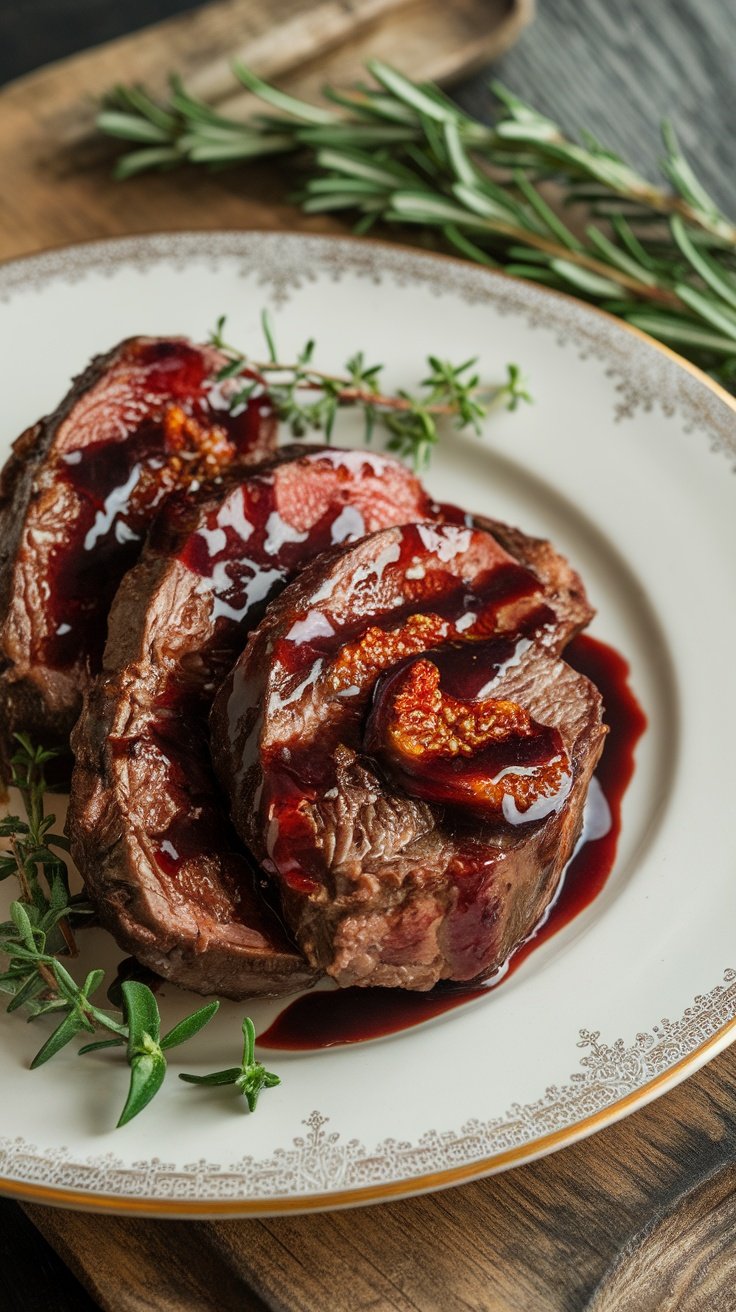 A rich and classy fig and red wine glaze drizzled over slices of beef or lamb.