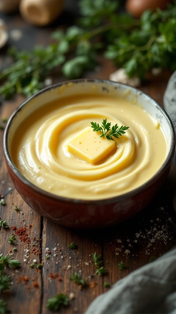 A bowl of creamy sauce with a pat of butter and fresh herbs on a wooden table.
