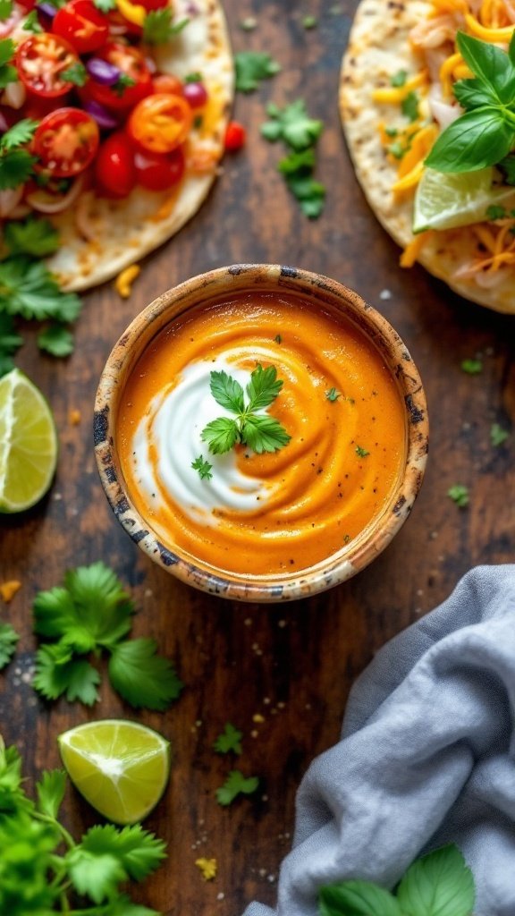 A bowl of smoked sauce with sour cream and lime, surrounded by fresh ingredients and tacos.