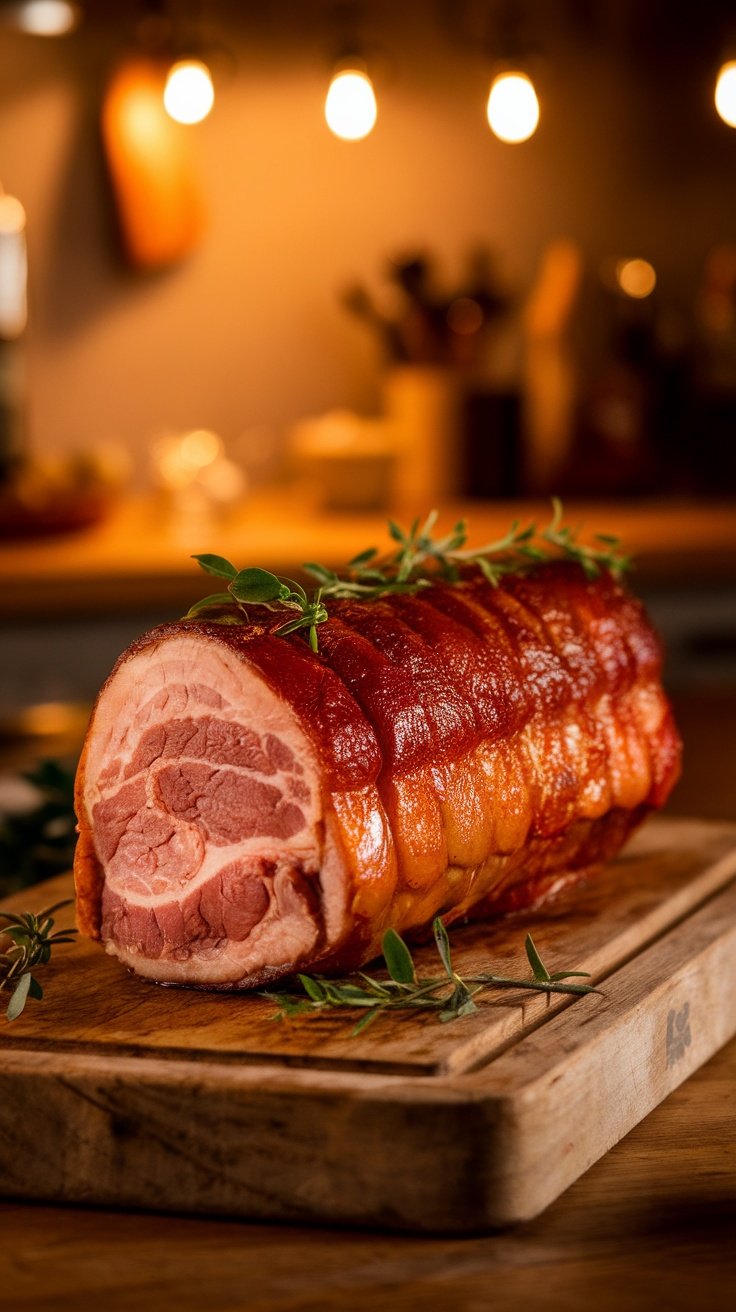A golden and crispy roasted pork belly on a wooden board, garnished with herbs.