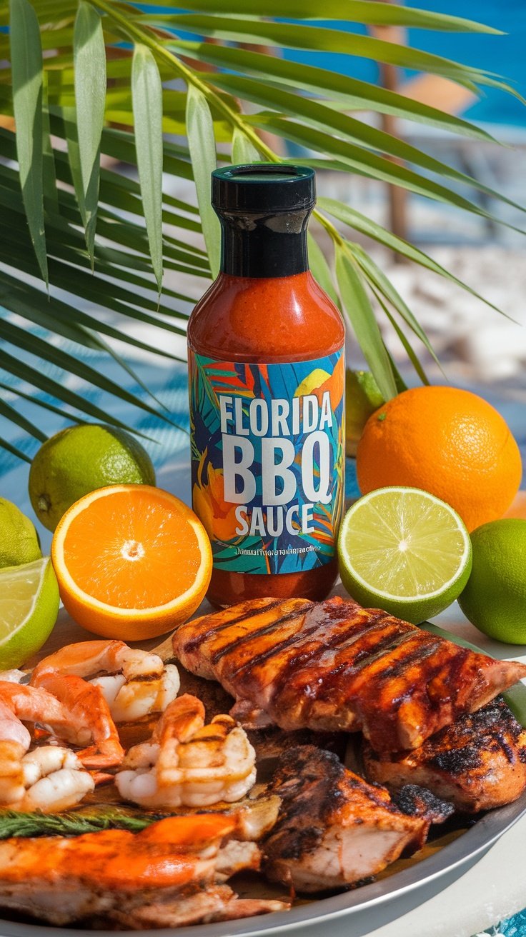 A bottle of Florida BBQ sauce surrounded by grilled seafood and citrus fruits.