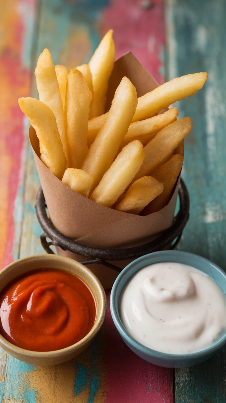 A serving of French fries with bowls of hot sauce and ranch dressing.