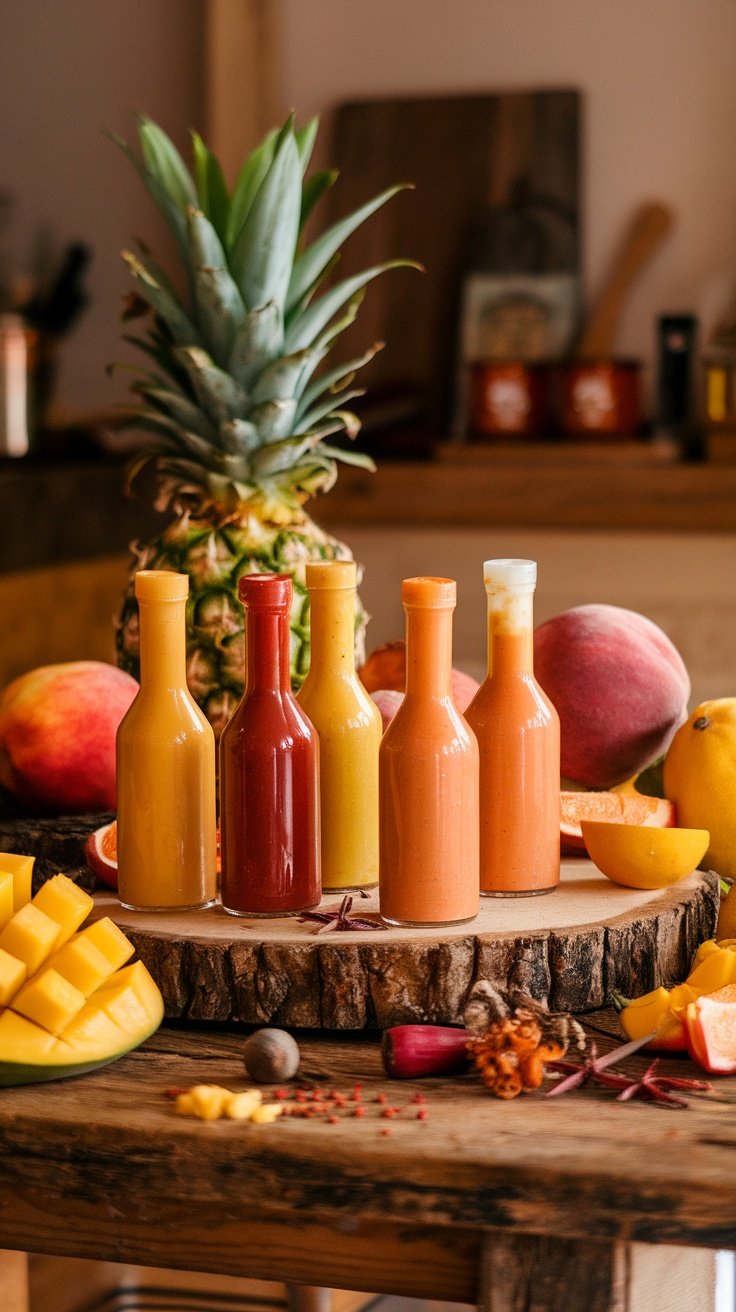 Colorful bottles of fruit-based hot sauces arranged on a wooden table with fresh fruits like mango, pineapple, and peach in the background.