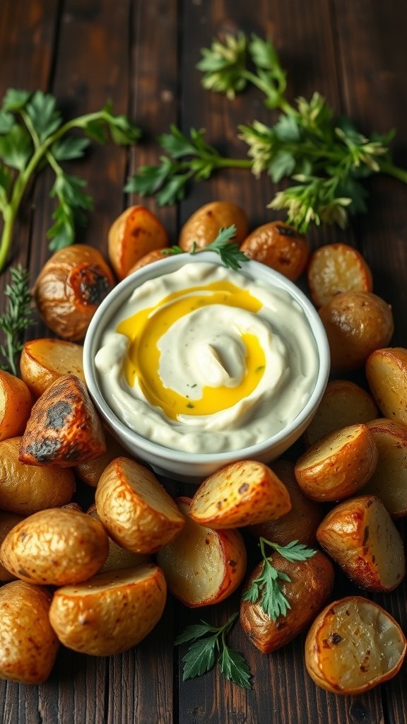 A bowl of creamy garlic aioli surrounded by roasted potatoes, garnished with herbs.