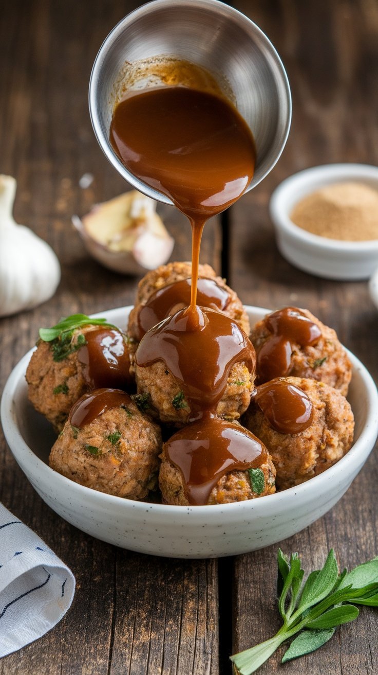 A bowl of meatballs topped with a sticky garlic brown sugar glaze, garnished with green herbs.