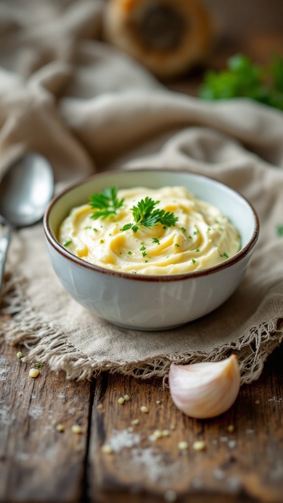 A bowl of creamy garlic butter garnished with parsley.