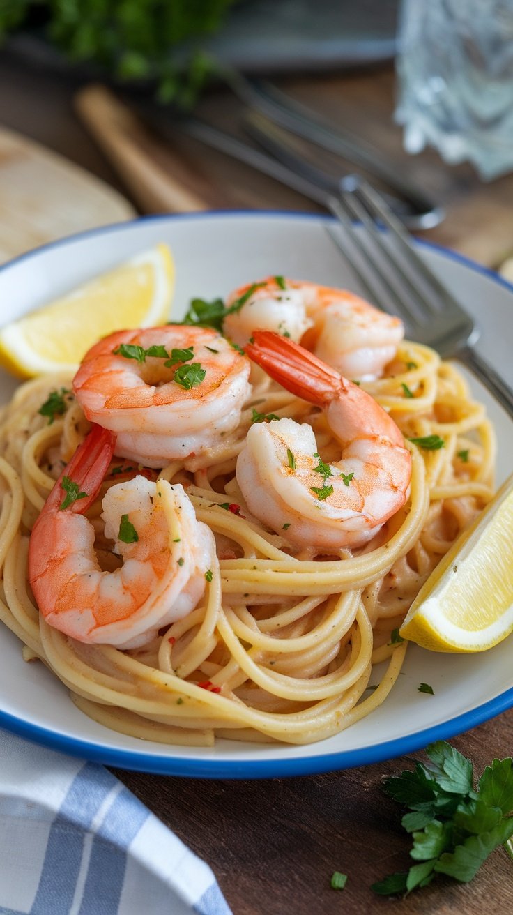A plate of garlic butter shrimp scampi with pasta, garnished with lemon and parsley.