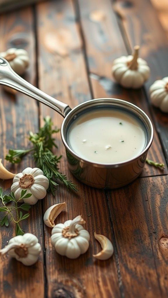 A small saucepan filled with garlic cream sauce, surrounded by garlic cloves and green herbs on a wooden table.