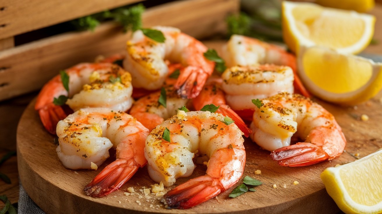A close-up of garlic parmesan roasted shrimp on a wooden platter with lemon slices.