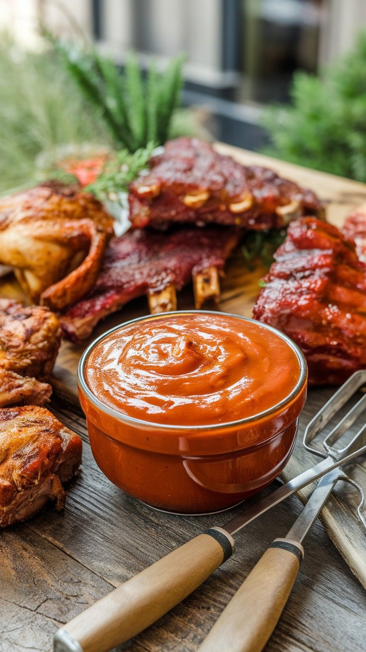 A bowl of Georgia style BBQ sauce next to grilled meats including ribs and chicken.