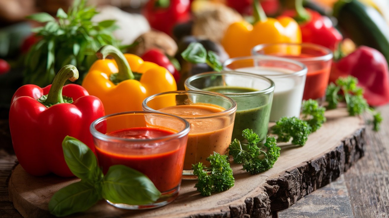 A variety of colorful gluten-free sauces displayed in glass containers, surrounded by fresh vegetables.