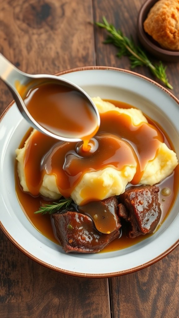 A serving of creamy mashed potatoes topped with rich brown gravy, accompanied by tender roast beef on a plate