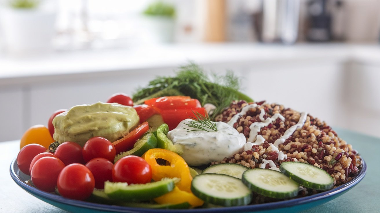 A colorful plate of fresh vegetables and quinoa with various healthy sauces.