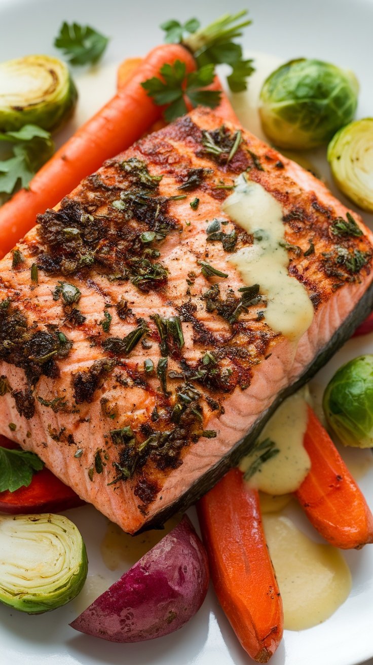 Grilled salmon fillet with herbs and vegetables