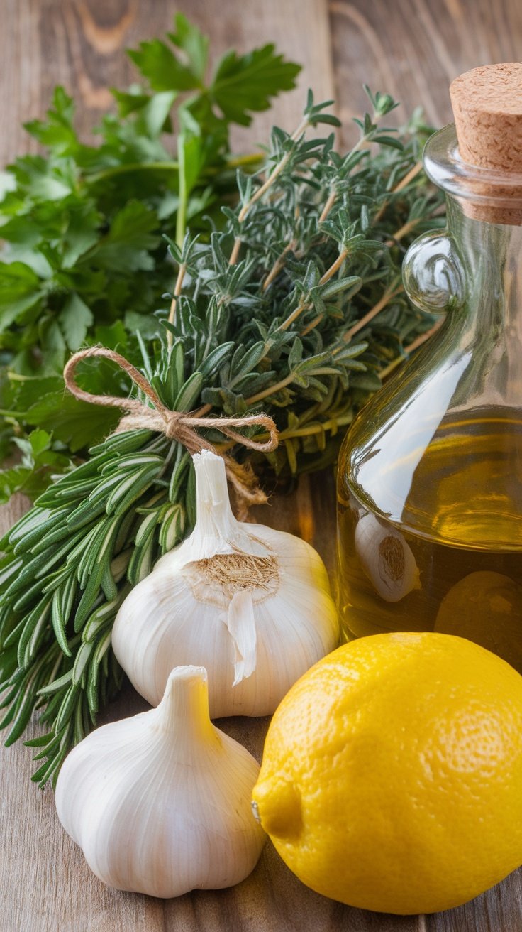 Ingredients for herb and garlic marinade including garlic, herbs, olive oil, and lemon.