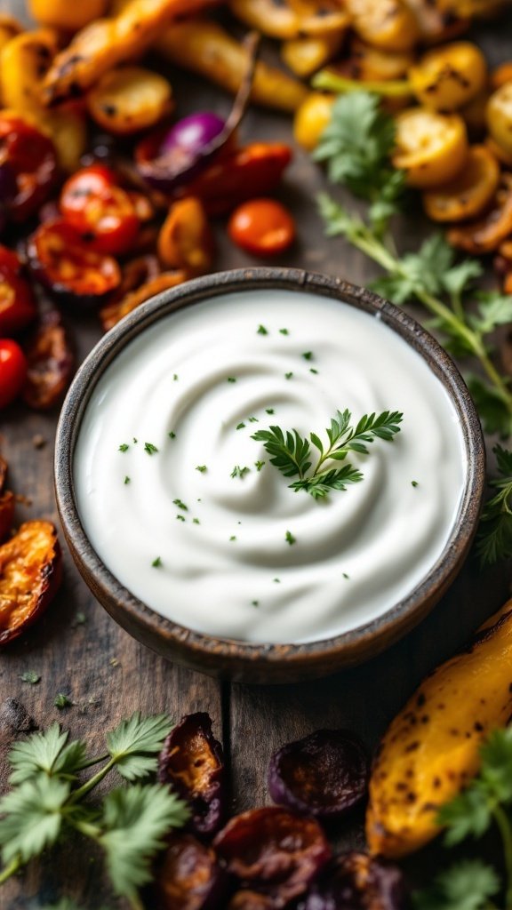 A bowl of herbed yogurt sauce surrounded by a variety of roasted vegetables.