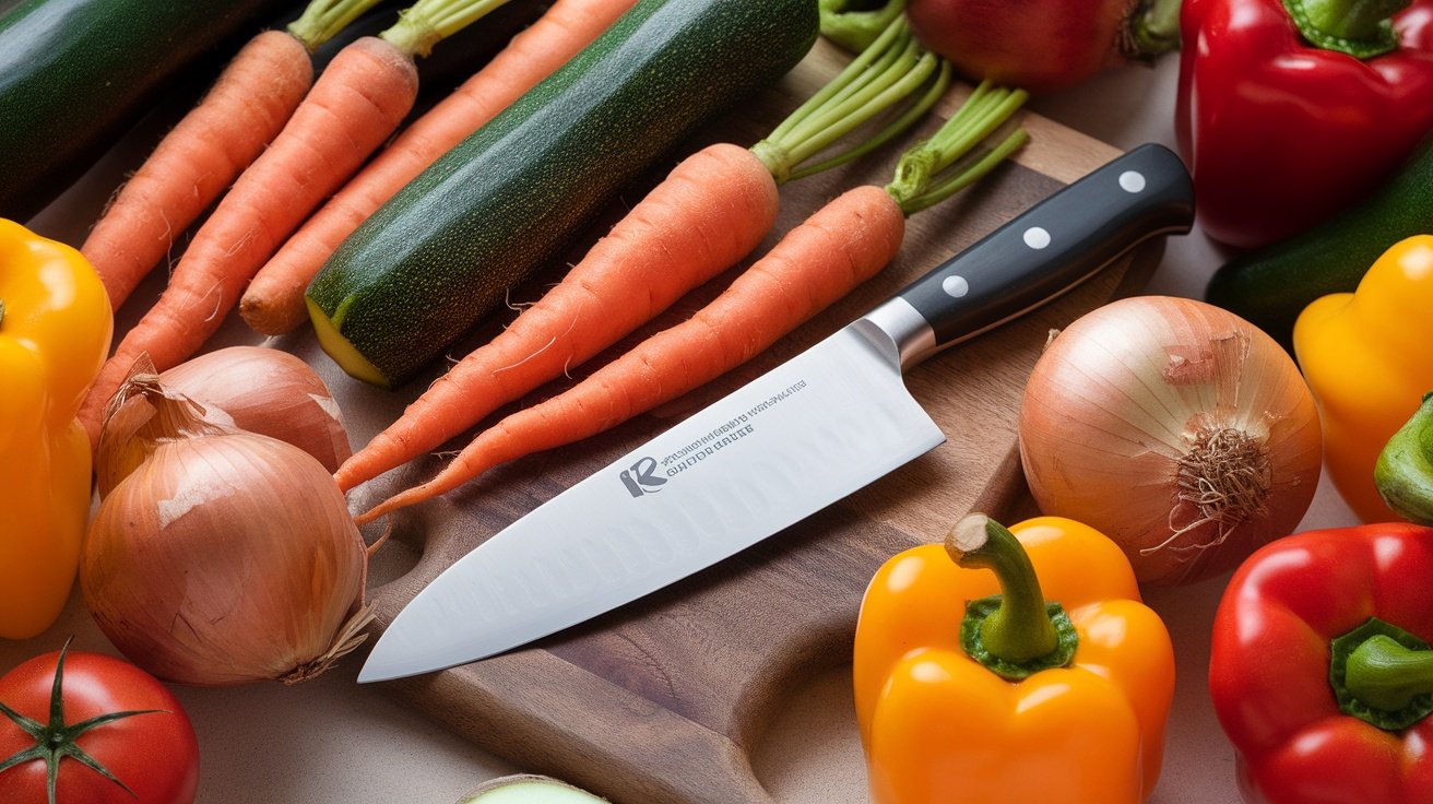 A chef's knife placed on a wooden cutting board surrounded by fresh vegetables.