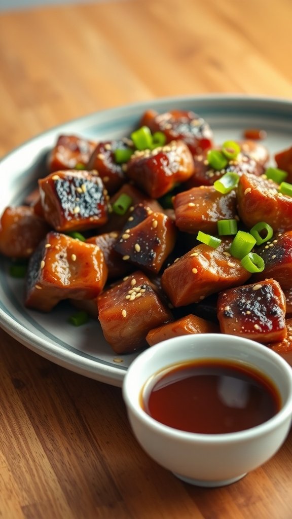 A plate of roasted meats glazed with hoisin sauce, garnished with green onions and sesame seeds.