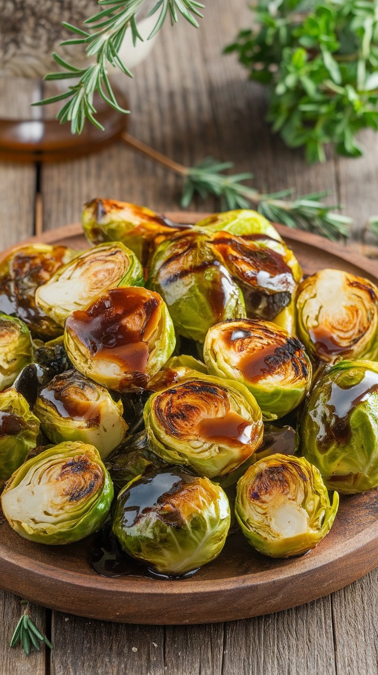 Grilled Brussels sprouts drizzled with honey balsamic glaze on a wooden platter.