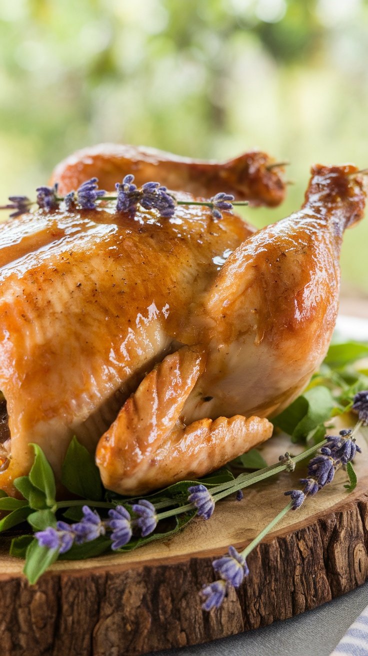 Honey lavender glazed chicken garnished with lavender sprigs