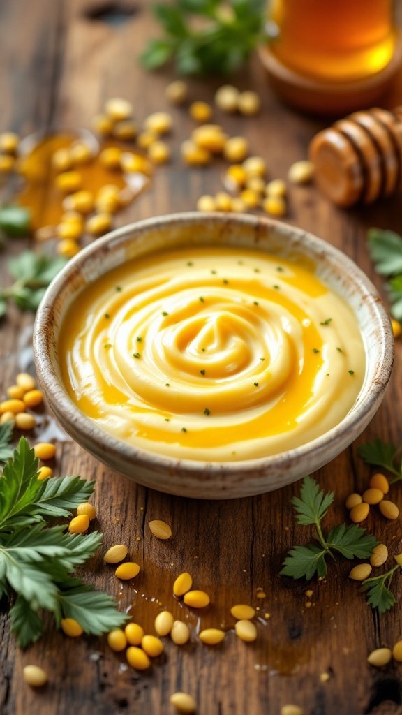 A creamy honey mustard sauce in a rustic bowl, surrounded by honey and mustard seeds.
