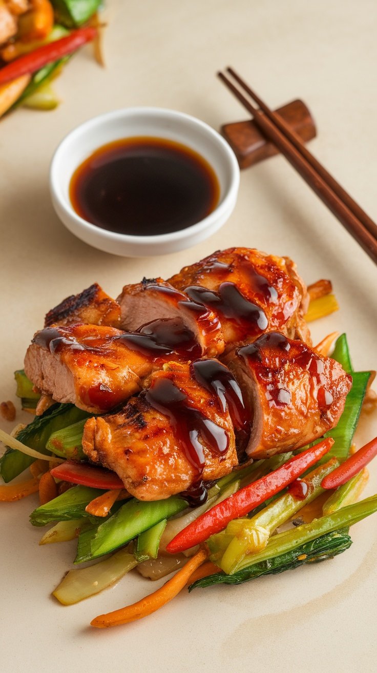 Honey soy glaze drizzled over grilled chicken with colorful stir-fried vegetables