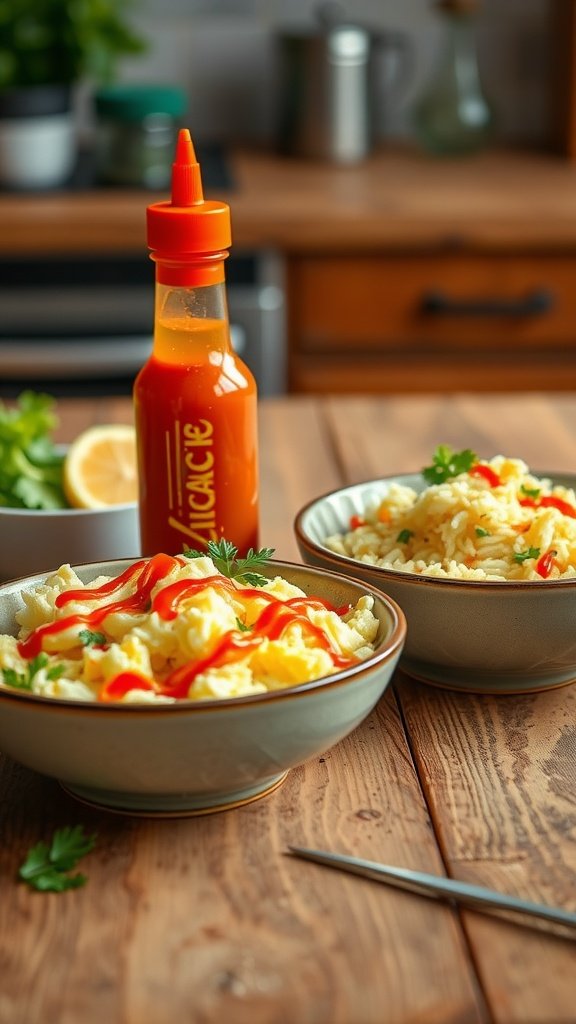 A vibrant hot sauce bottle next to bowls of rice and eggs topped with sauce.