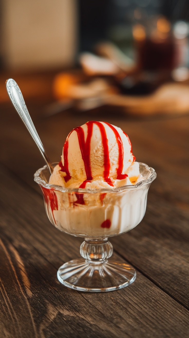 A glass dish of vanilla ice cream topped with red sauce