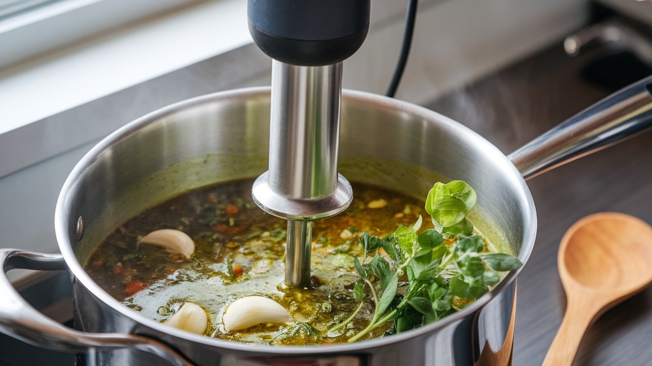 An immersion blender in a pot of soup with garlic and herbs