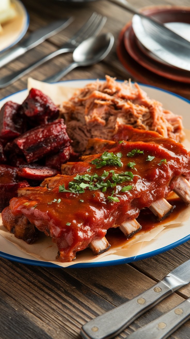 A plate of Kansas City style BBQ ribs with sauce, pulled pork, and burnt ends