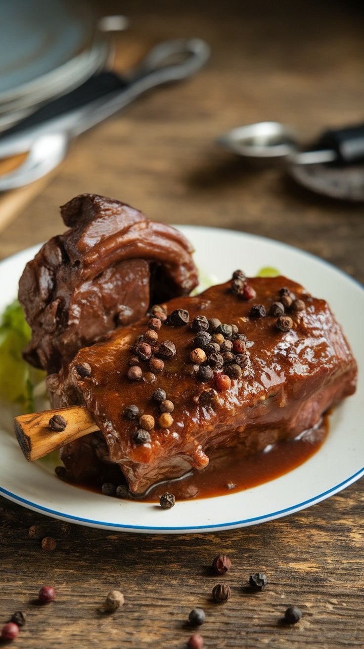 A plate with smoked mutton and lamb covered in black BBQ sauce, garnished with whole peppercorns.