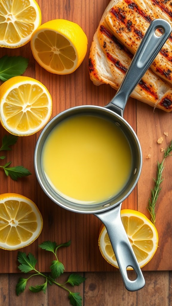 A saucepan with lemon butter sauce next to halved lemons and grilled chicken on a wooden board.