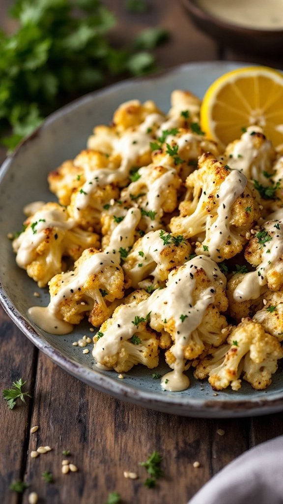 Roasted cauliflower topped with lemon tahini sauce and garnished with parsley.