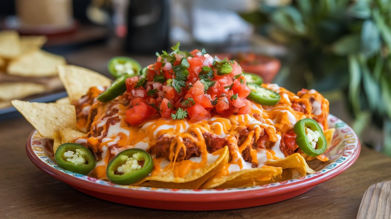 A plate of loaded nachos topped with cheese, tomatoes, jalapeños, and sour cream.
