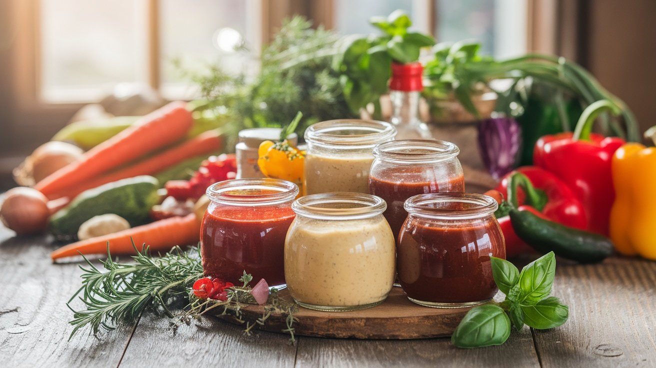 An assortment of various sauces in jars, surrounded by fresh vegetables on a wooden table.