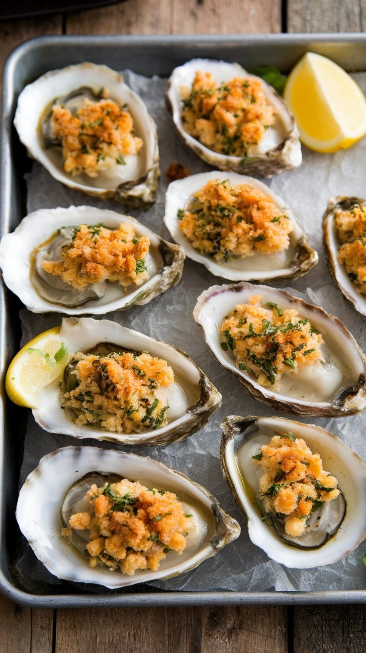 A platter of Oysters Rockefeller topped with herbs and breadcrumbs, garnished with lemon slices.