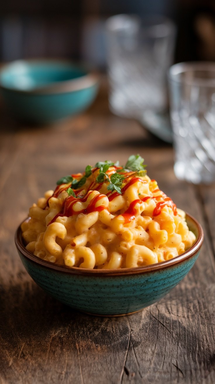 A bowl of macaroni and cheese topped with hot sauce and a sprinkle of herbs.