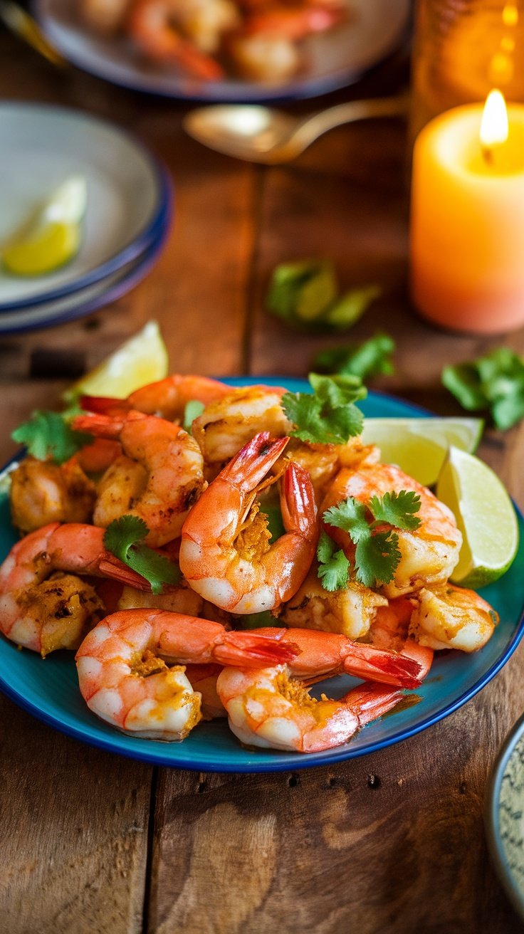 A plate of shrimp garnished with cilantro and lime.