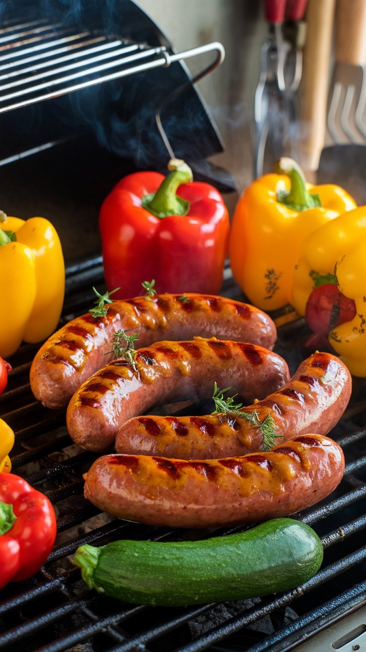 Grilled sausages with a maple mustard glaze on a barbecue grill