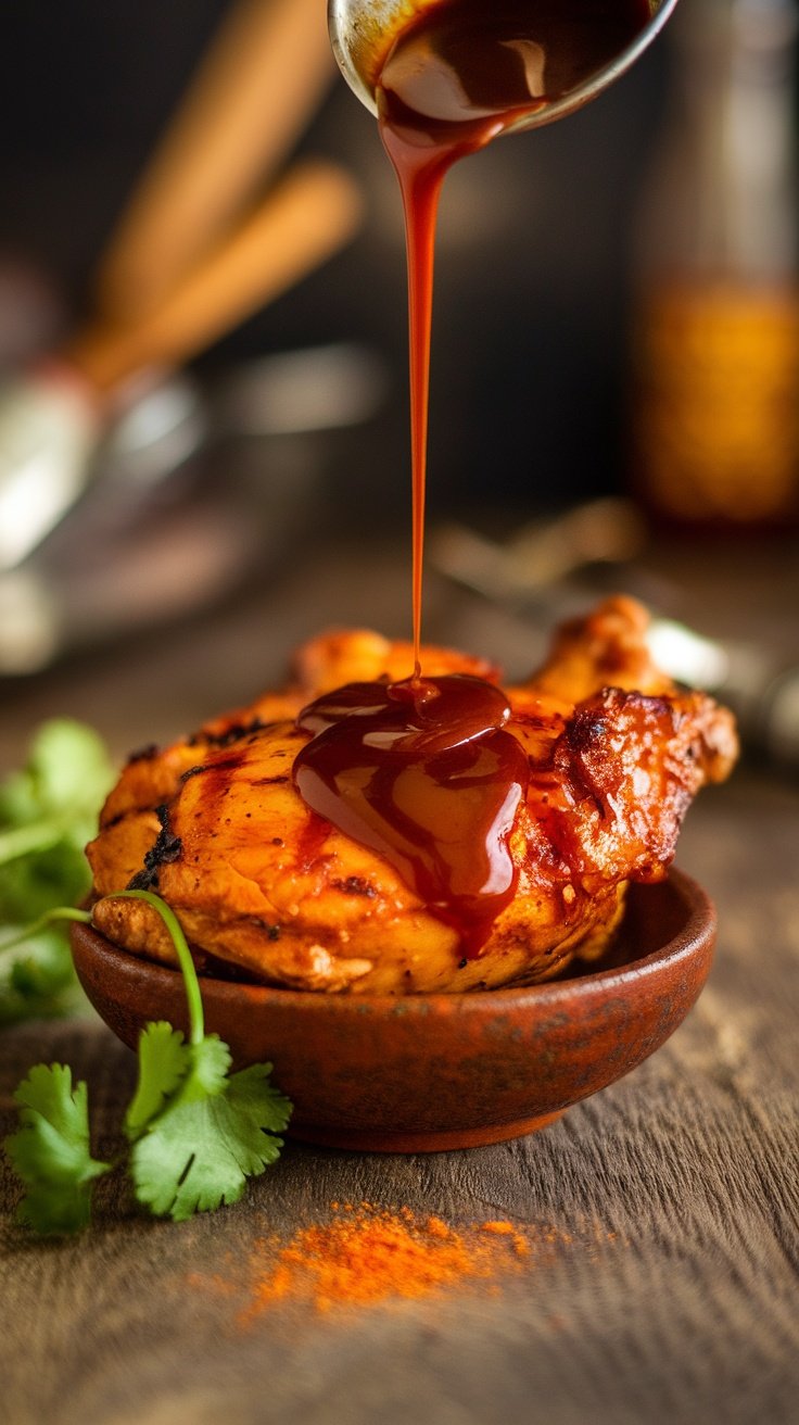 A bowl with maple sriracha glaze being drizzled over grilled chicken
