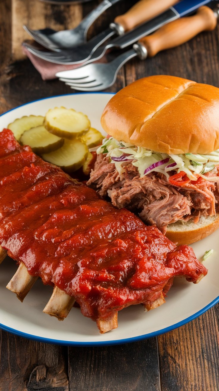 A plate featuring Memphis style BBQ ribs with sauce, a pulled pork sandwich, and pickles.