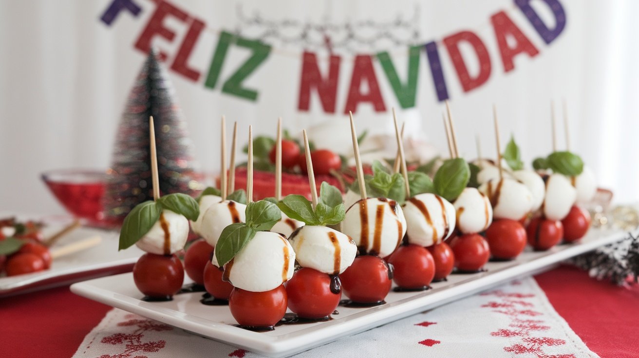 Mini Caprese skewers with cherry tomatoes, mozzarella balls, and basil leaves, drizzled with balsamic glaze on a serving platter.