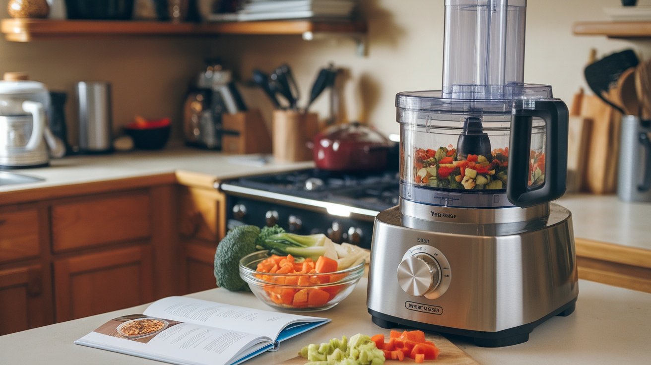 A food processor on a kitchen counter with chopped vegetables and a recipe book.