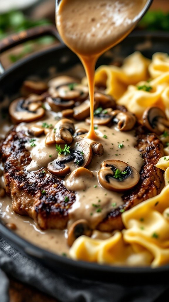 Mushroom cream sauce over steak with pasta.