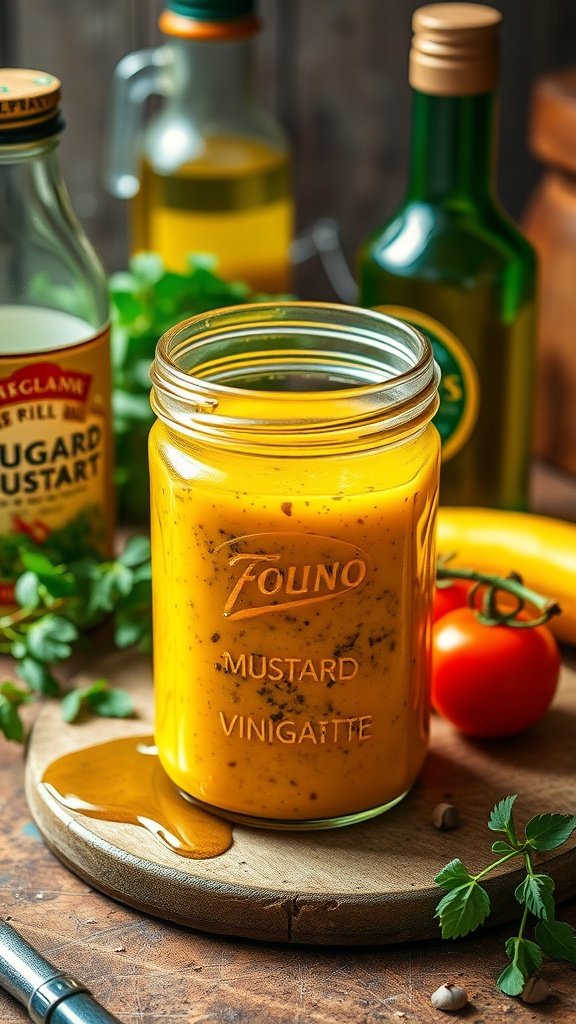 A jar of mustard vinaigrette surrounded by bottles of oil and vinegar, showcasing its vibrant color.
