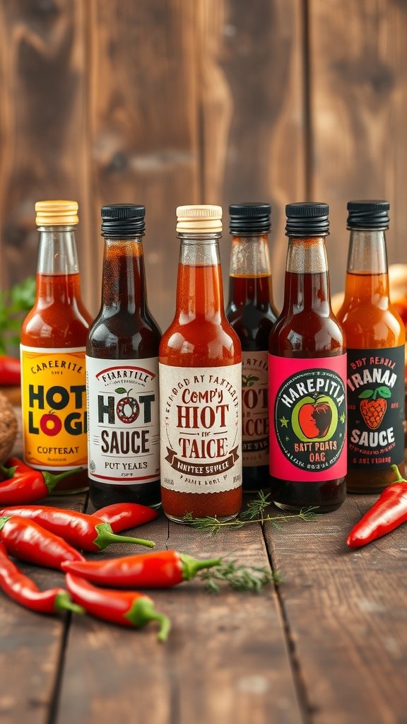 Various bottles of hot sauce displayed on a wooden table with fresh chili peppers.
