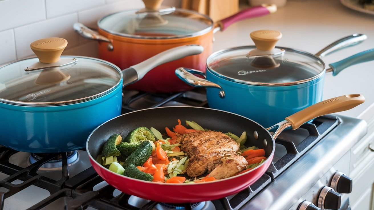 A colorful non-stick cookware set on a stove with vegetables and chicken cooking in a pan.