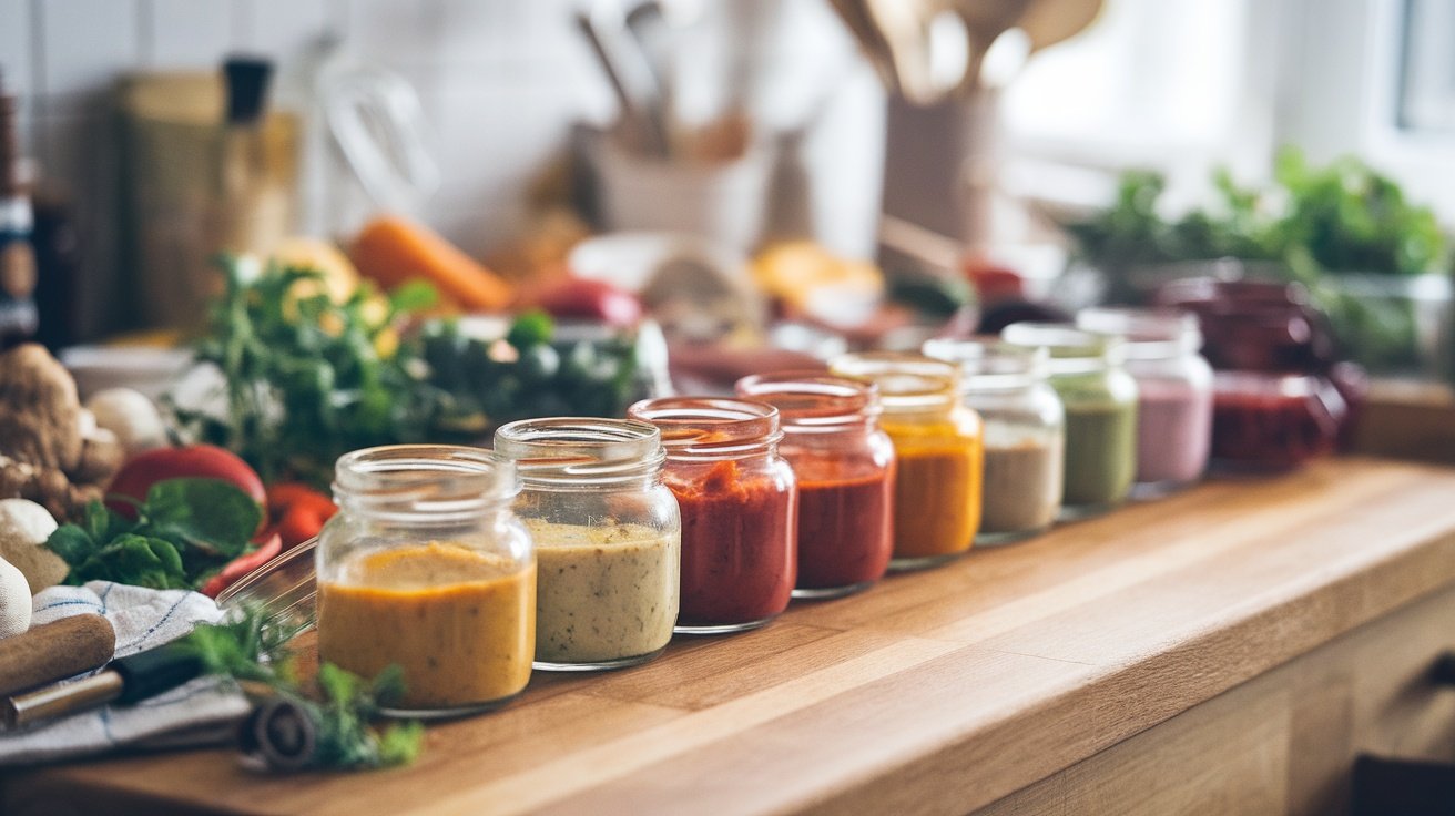 A variety of colorful sauces in jars lined up on a wooden kitchen counter, surrounded by fresh vegetables.