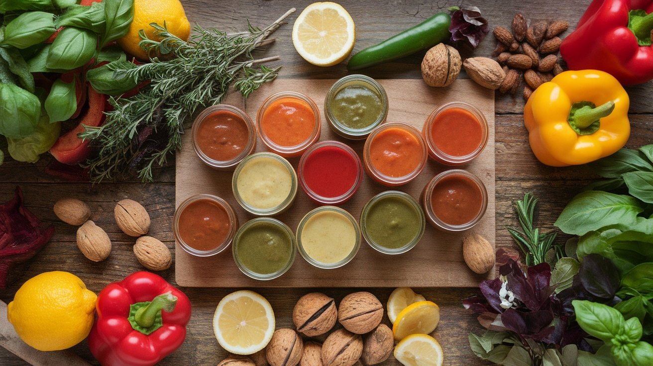 An array of colorful sauces surrounded by fresh vegetables and nuts