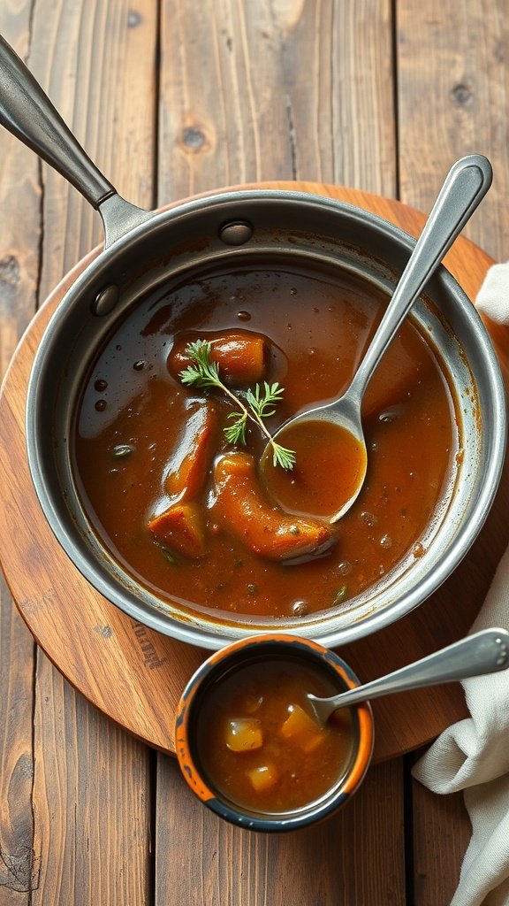 A close-up of pan gravy in a saucepan with a spoon and a small bowl of gravy on a wooden table.